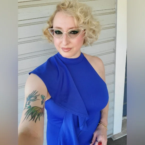 EUC Royal Blue Asymmetrical Ruffled Bodysuit Bodycon Sz L - Picture 3 of 6